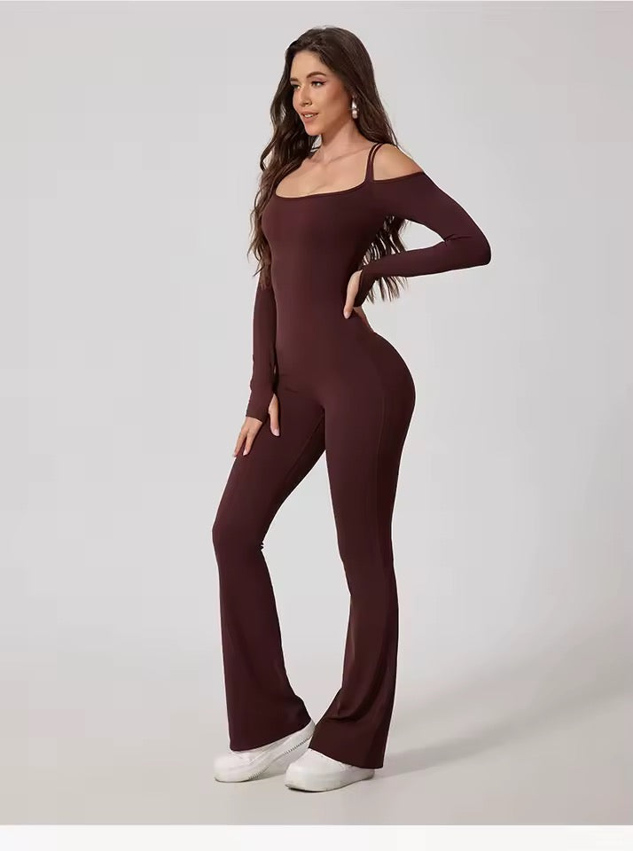 SYLA Solstice Jumpsuit – Off-Shoulder Long Sleeve Flared Leg
