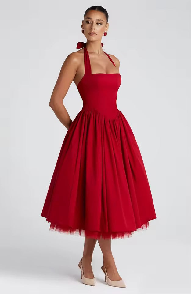 Belle Halter Midi Dress with Layered Tulle Detail