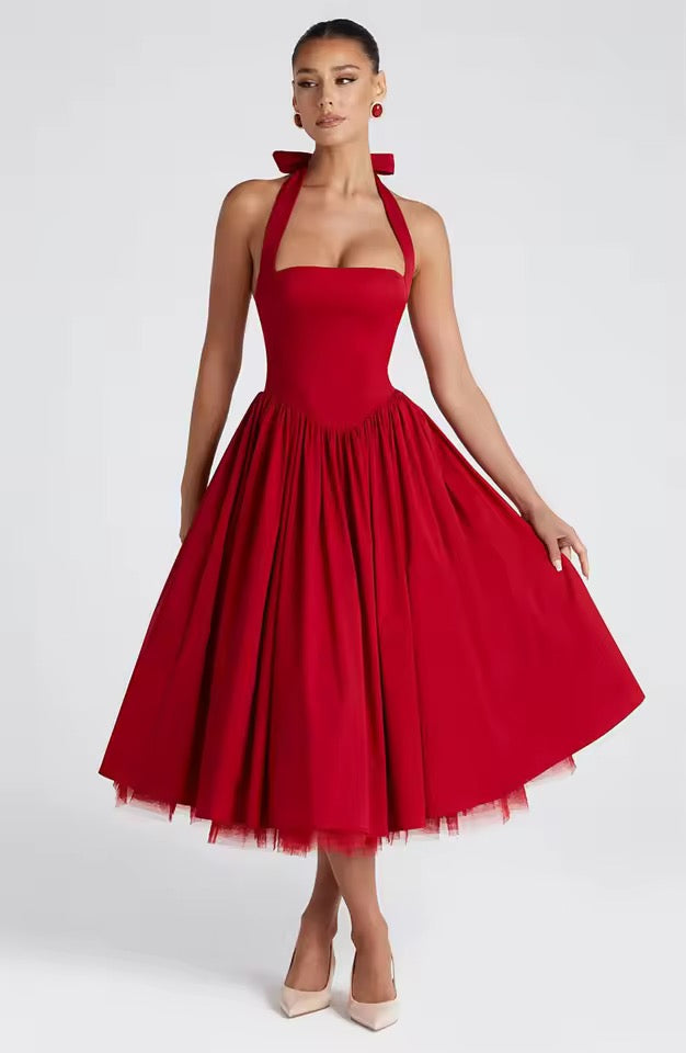 Belle Halter Midi Dress with Layered Tulle Detail