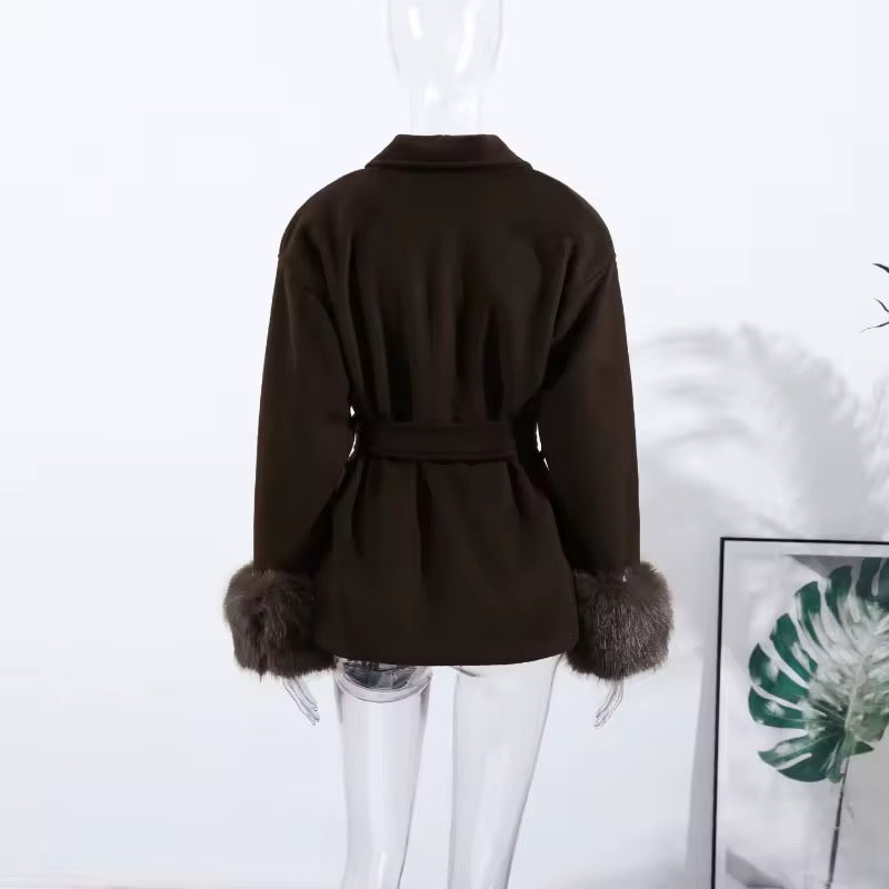 Monaco Luxe Belted Wrap Coat with Faux Fur Detail