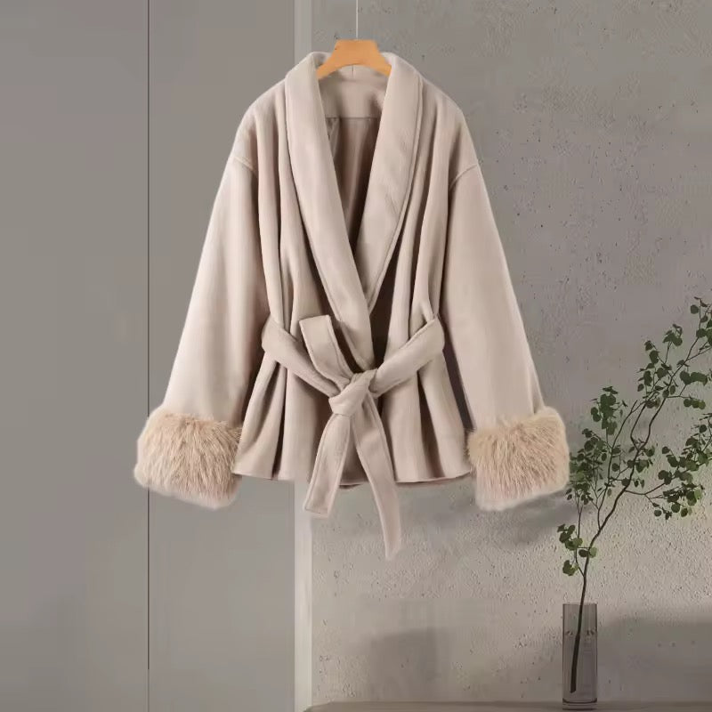 Monaco Luxe Belted Wrap Coat with Faux Fur Detail