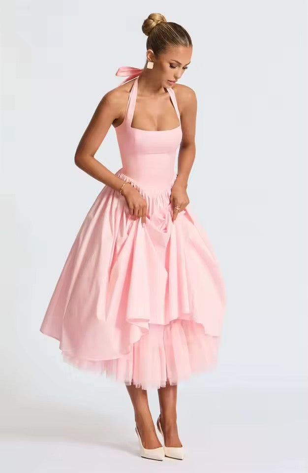 Belle Halter Midi Dress with Layered Tulle Detail