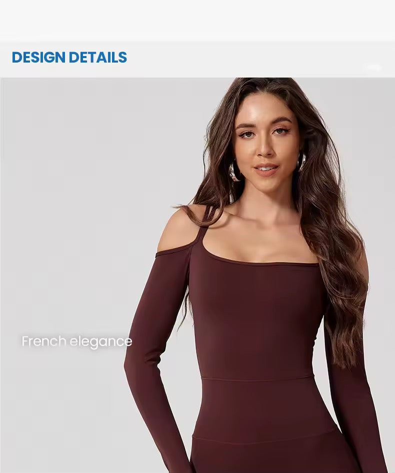 SYLA Solstice Jumpsuit – Off-Shoulder Long Sleeve Flared Leg