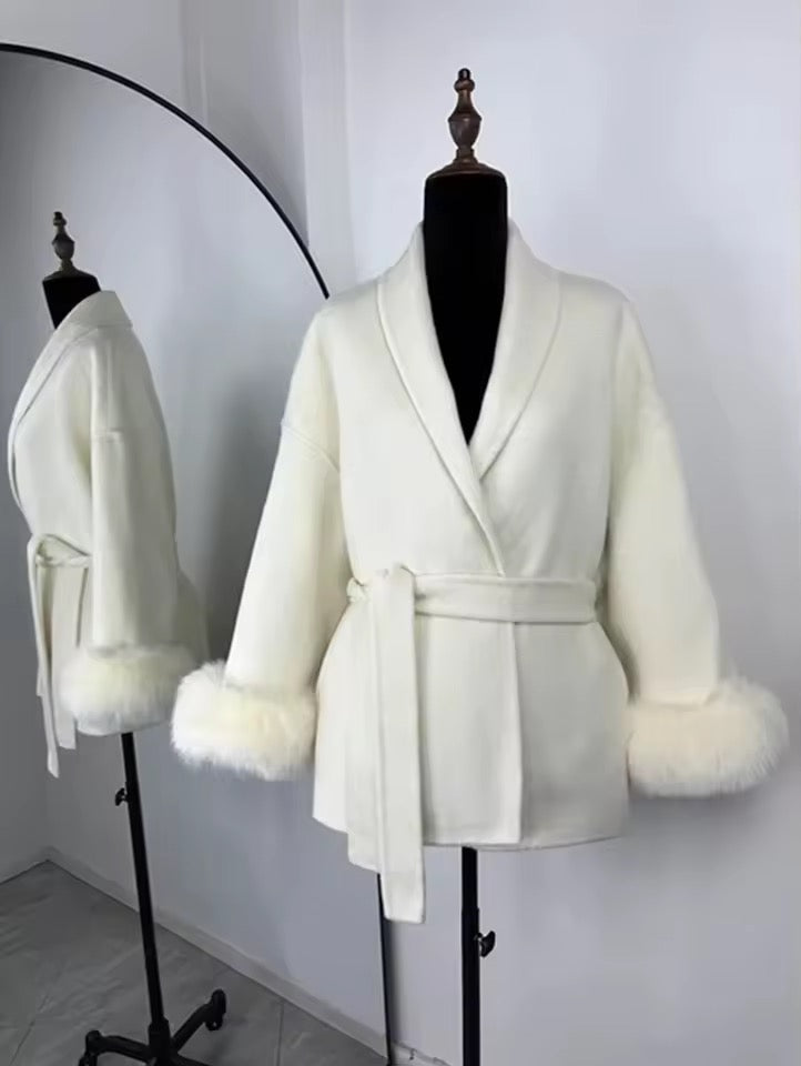 Monaco Luxe Belted Wrap Coat with Faux Fur Detail