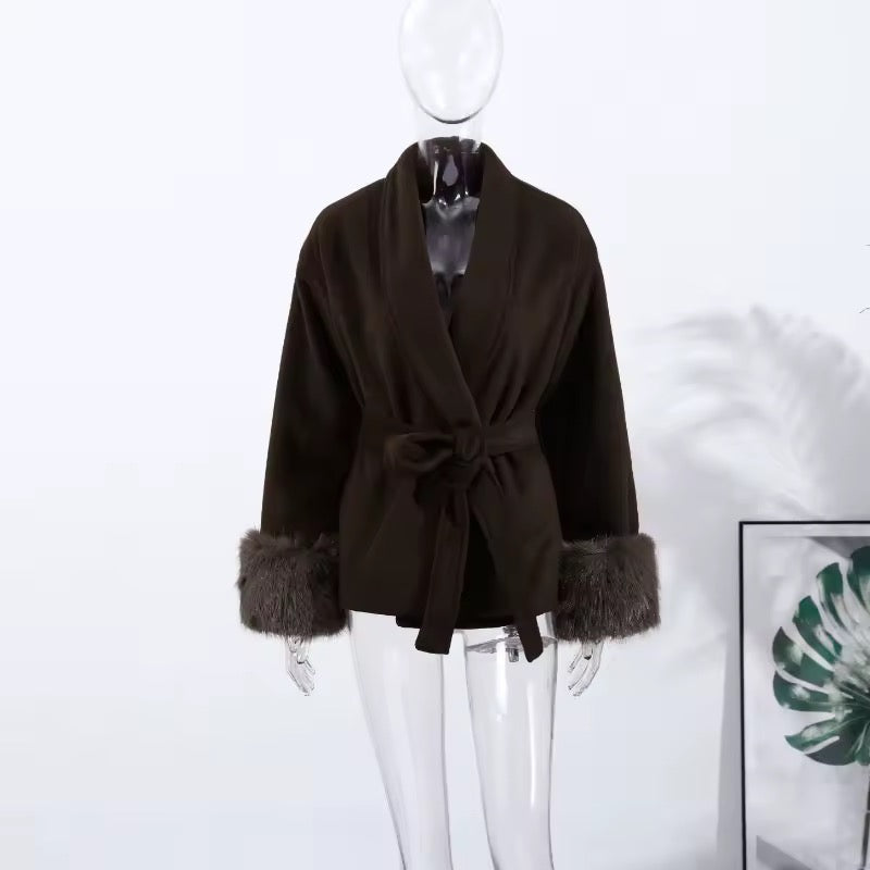 Monaco Luxe Belted Wrap Coat with Faux Fur Detail