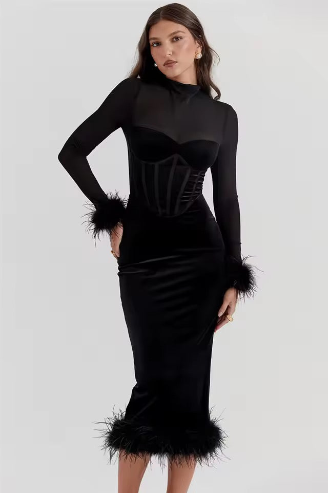 Ophira Sheer Corset Feather-Trim Velvet Midi Dress