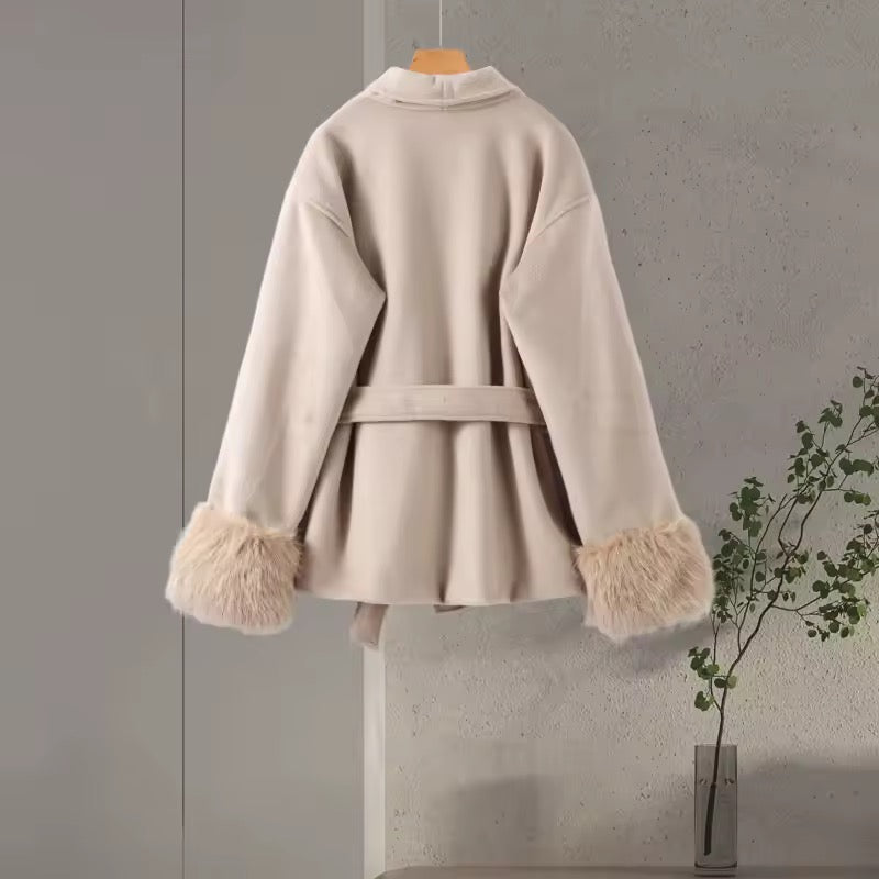 Monaco Luxe Belted Wrap Coat with Faux Fur Detail