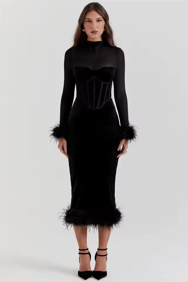 Ophira Sheer Corset Feather-Trim Velvet Midi Dress