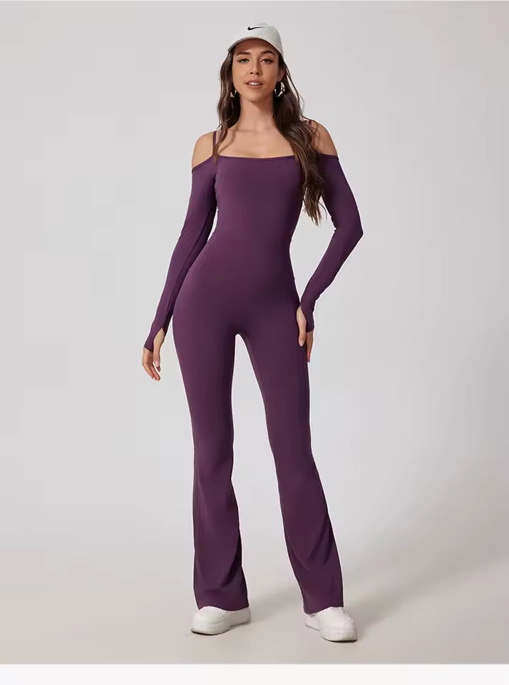 SYLA Solstice Jumpsuit – Off-Shoulder Long Sleeve Flared Leg