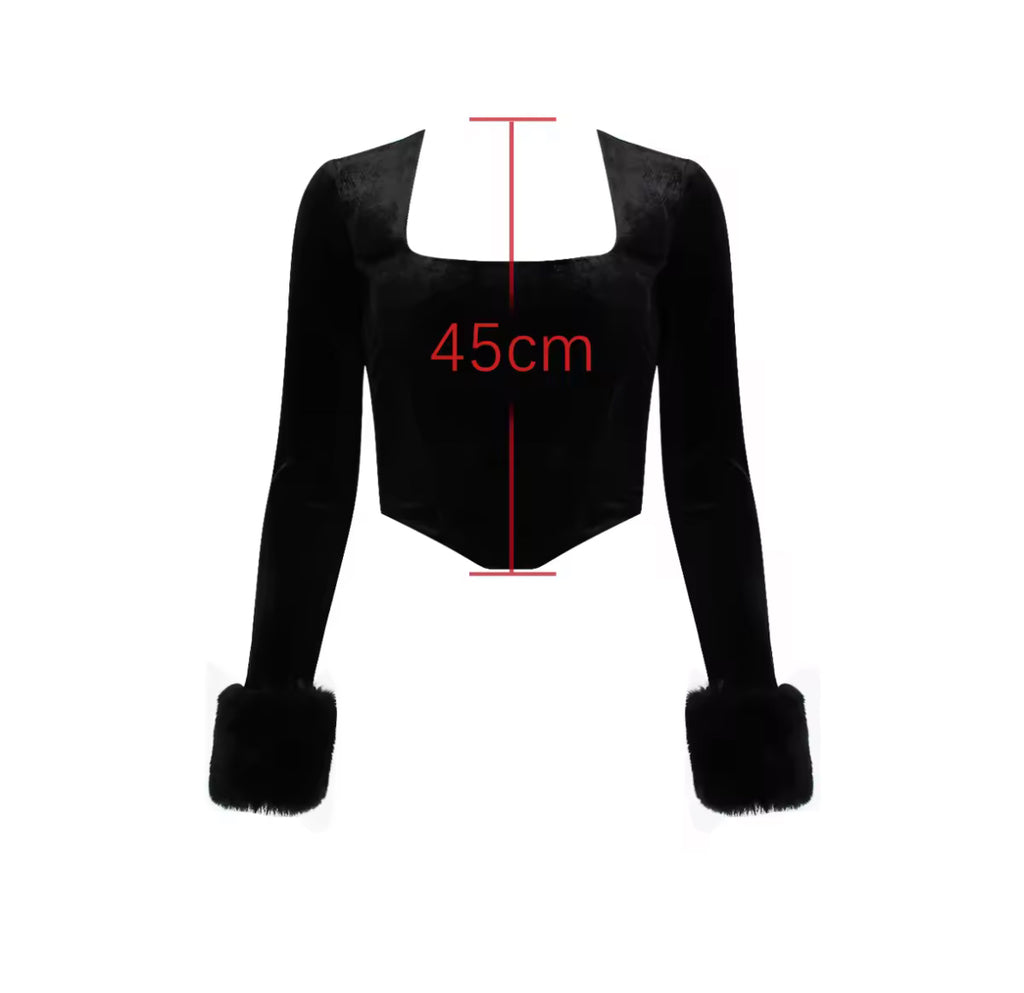 Noirè Square-Neck Velvet Corset Top with Faux Fur Cuffs