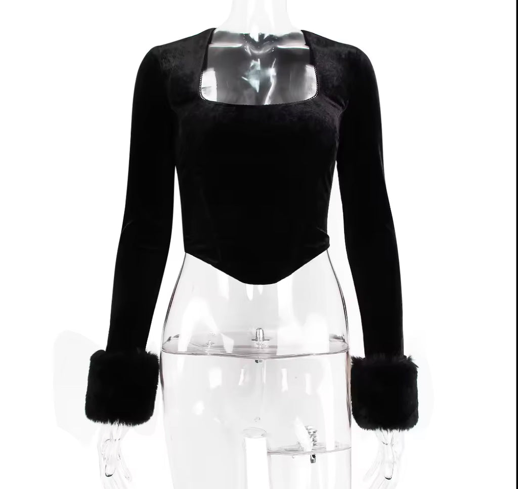 Noirè Square-Neck Velvet Corset Top with Faux Fur Cuffs