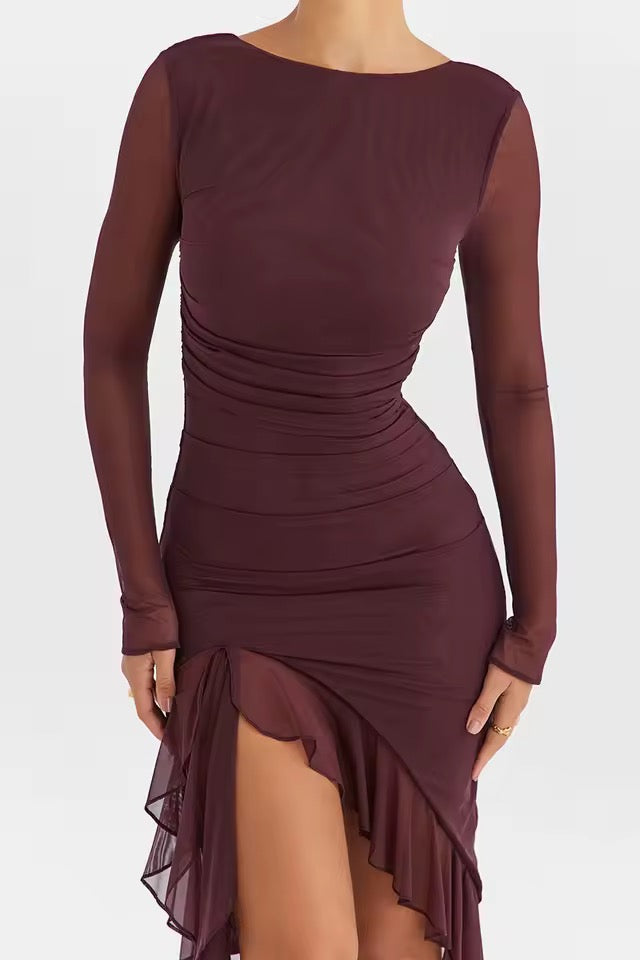 Seraphina Ruched Sheer-Sleeve Midi Dress