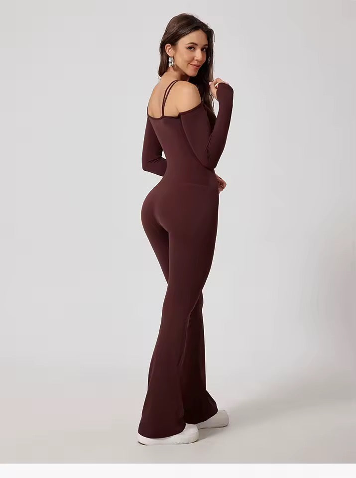 SYLA Solstice Jumpsuit – Off-Shoulder Long Sleeve Flared Leg
