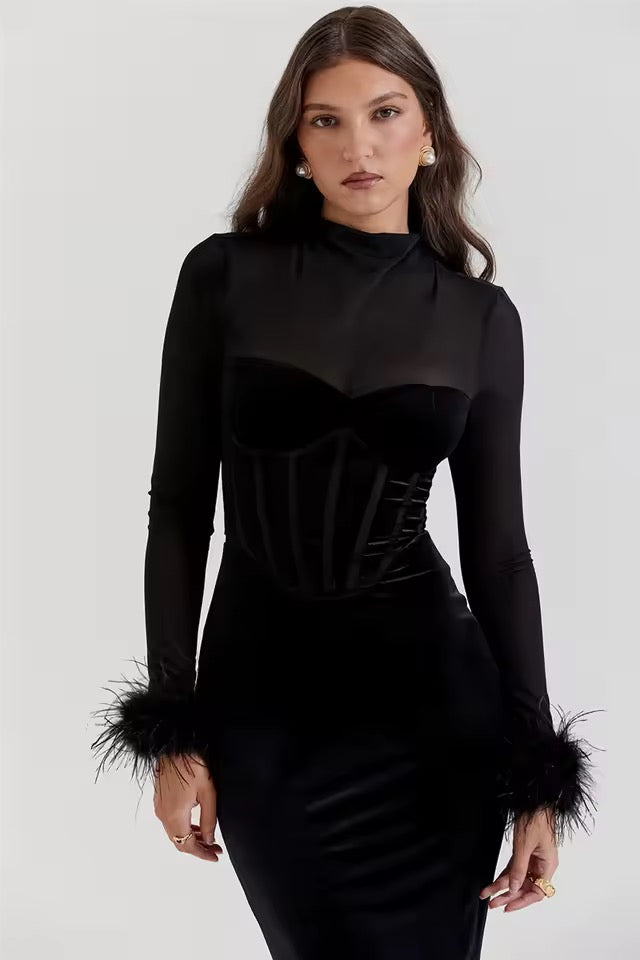 Ophira Sheer Corset Feather-Trim Velvet Midi Dress