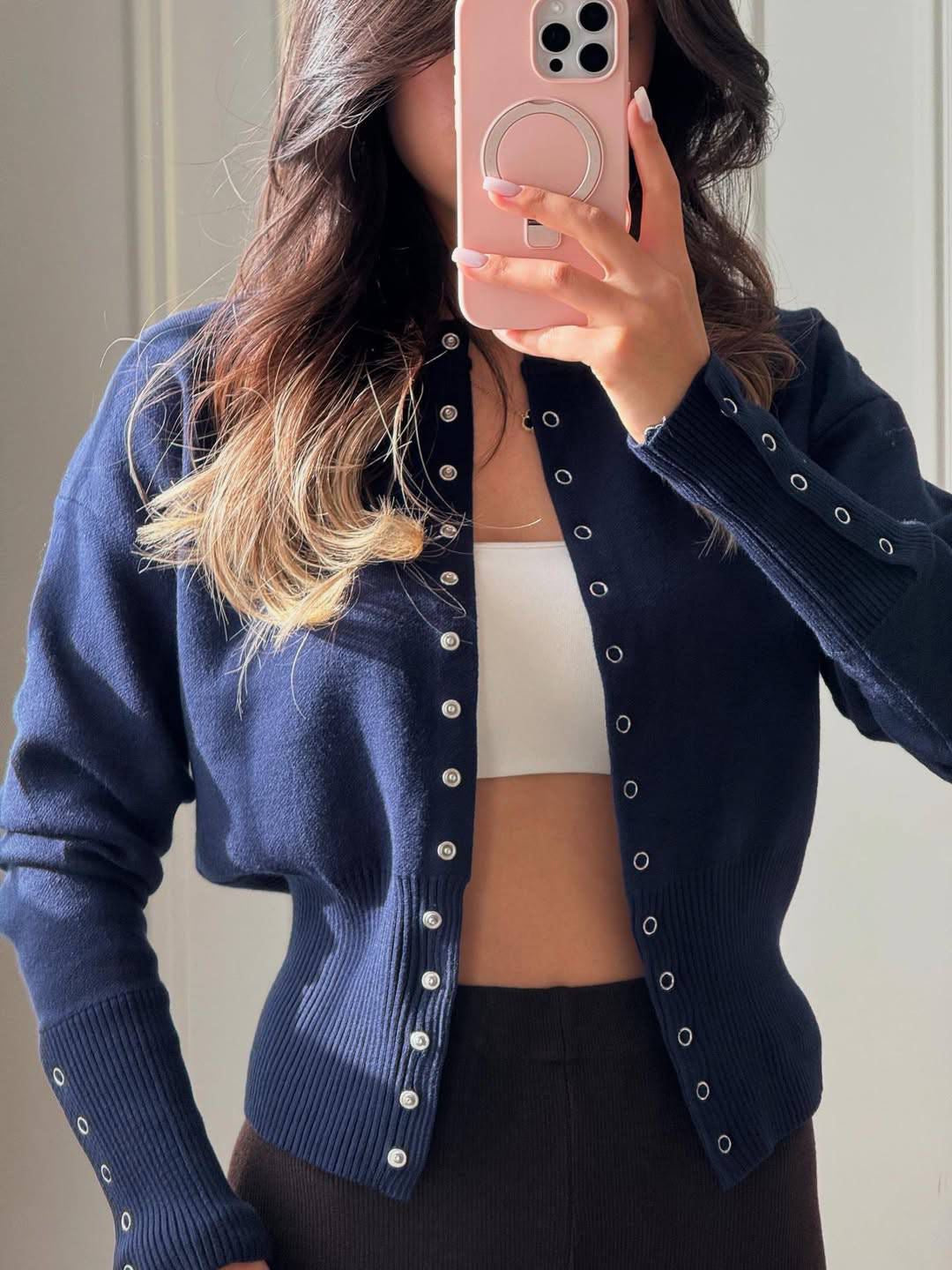 Amina Sculpted Snap-Detail Knit Cardigan