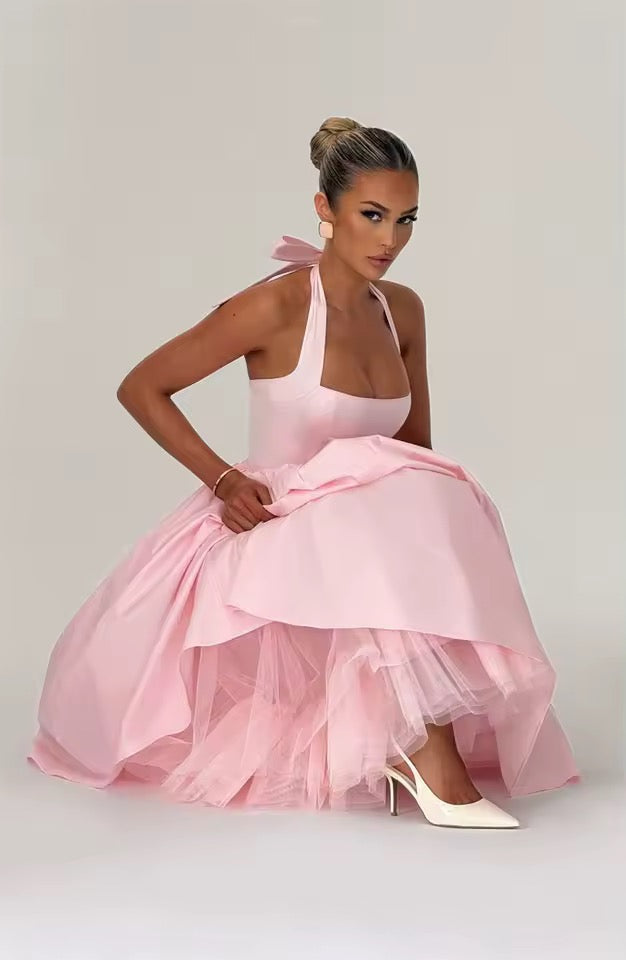 Belle Halter Midi Dress with Layered Tulle Detail