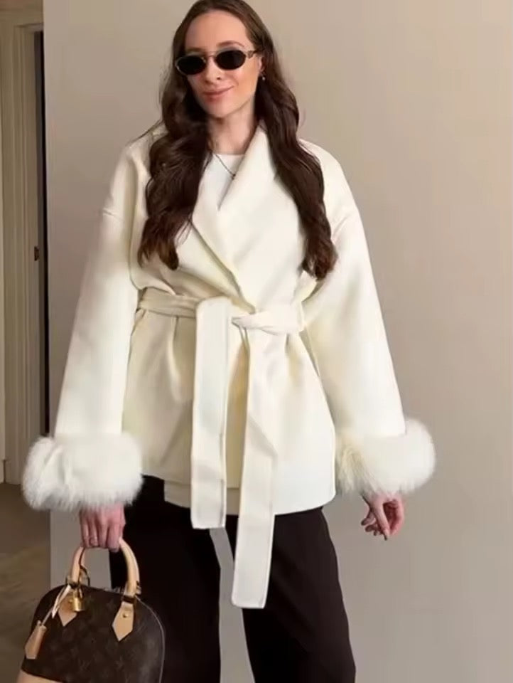 Monaco Luxe Belted Wrap Coat with Faux Fur Detail