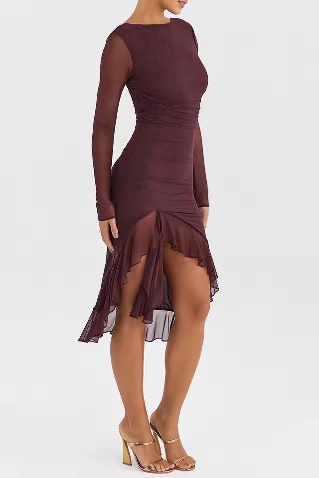 Seraphina Ruched Sheer-Sleeve Midi Dress