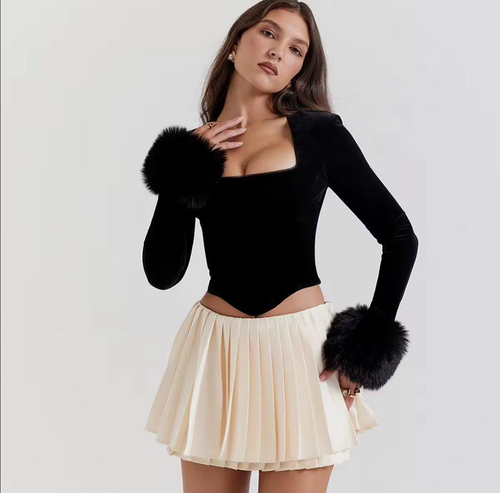 Noirè Square-Neck Velvet Corset Top with Faux Fur Cuffs