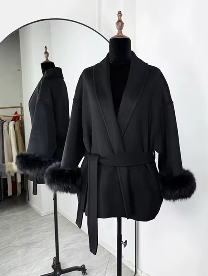 Monaco Luxe Belted Wrap Coat with Faux Fur Detail
