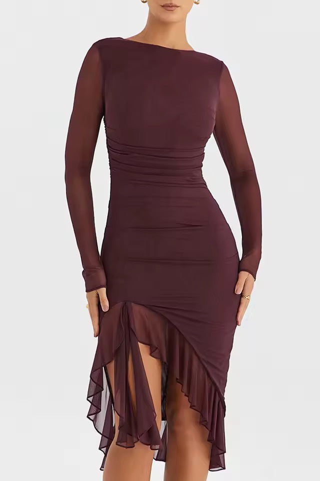 Seraphina Ruched Sheer-Sleeve Midi Dress