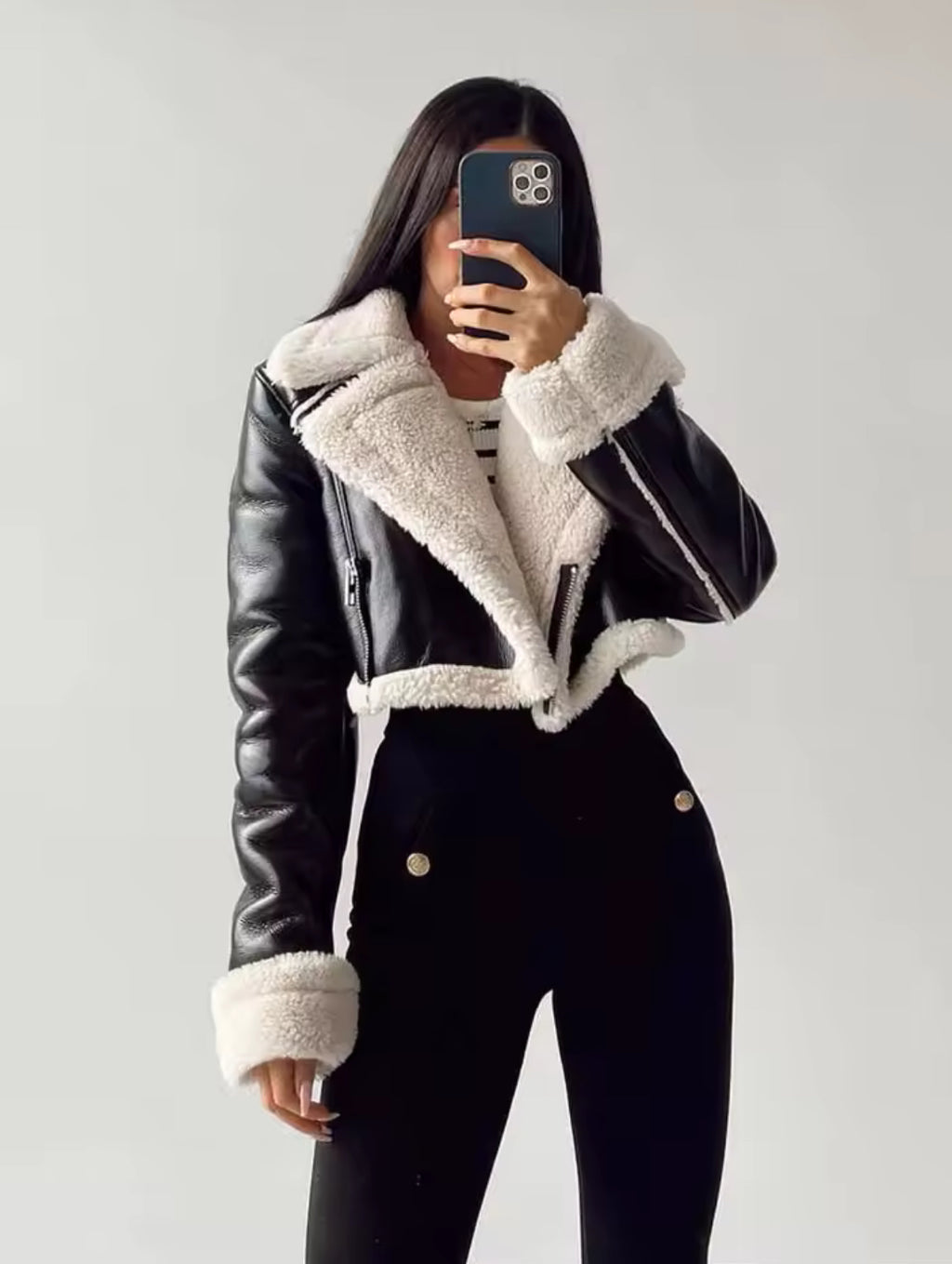 AURA Faux Fur Leather Cropped Coat