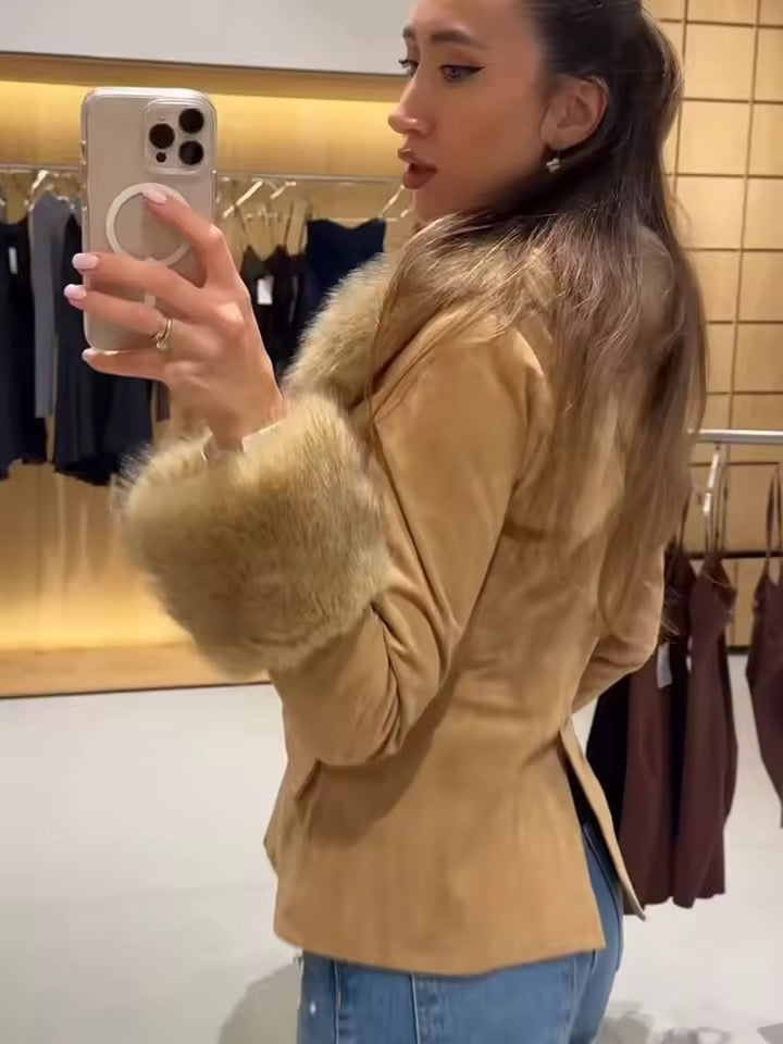 Sienna Luxe Faux Fur Trim Camel Jacket