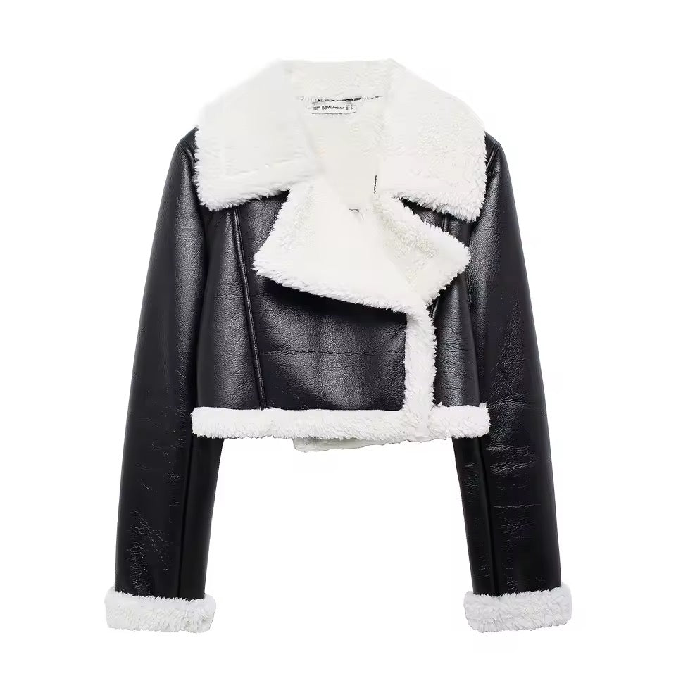 AURA Faux Fur Leather Cropped Coat