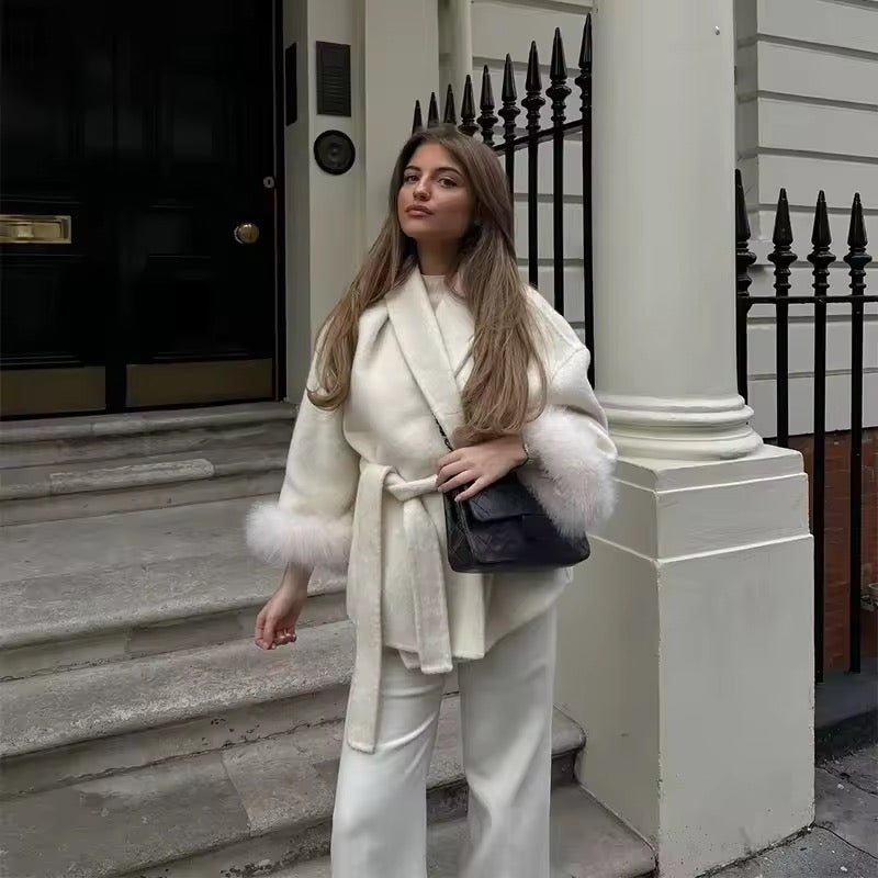 Monaco Luxe Belted Wrap Coat with Faux Fur Detail