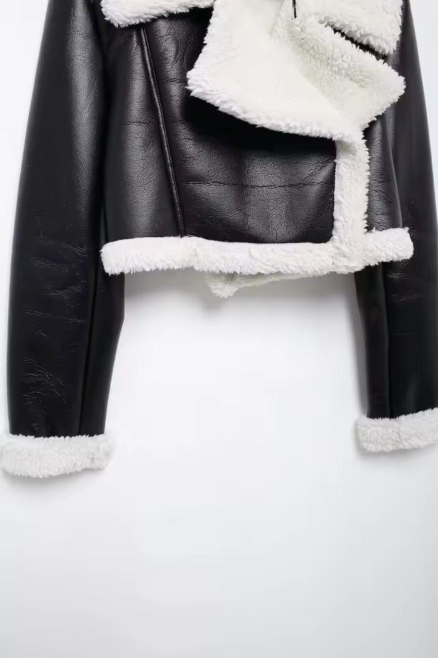 AURA Faux Fur Leather Cropped Coat