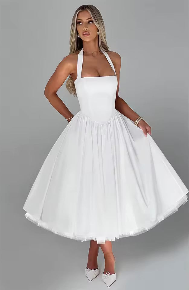 Belle Halter Midi Dress with Layered Tulle Detail