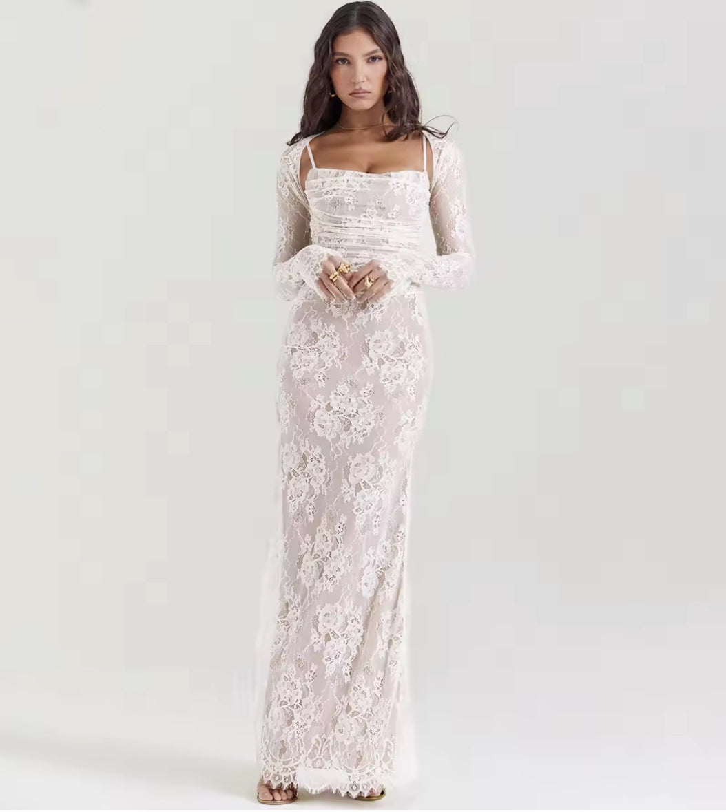 Mireya Lace V-Neck Long-Sleeve Maxi Dress