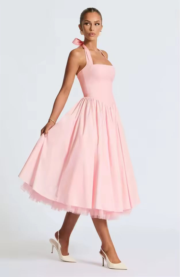Belle Halter Midi Dress with Layered Tulle Detail