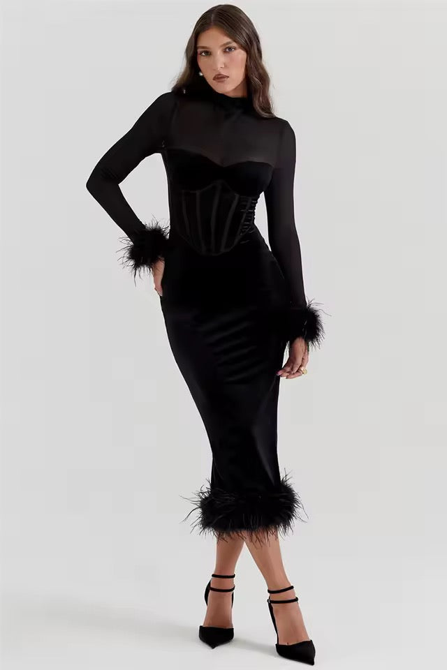 Ophira Sheer Corset Feather-Trim Velvet Midi Dress