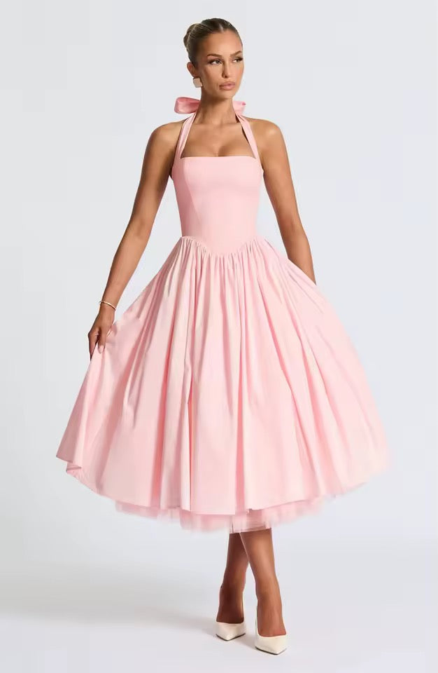 Belle Halter Midi Dress with Layered Tulle Detail