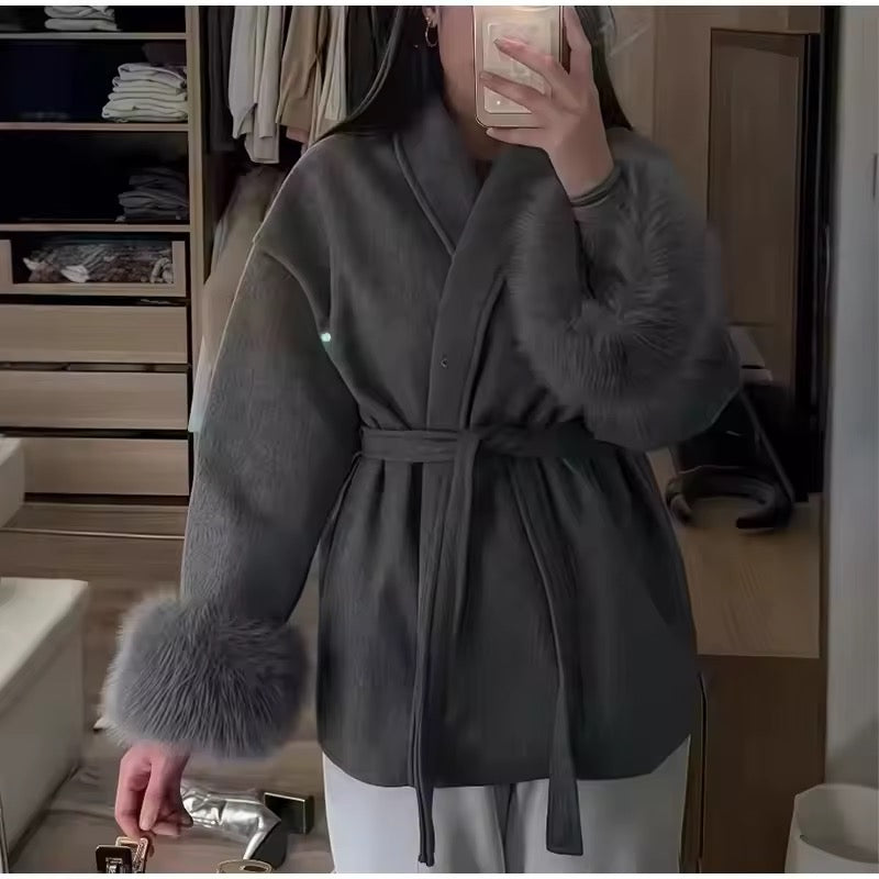 Monaco Luxe Belted Wrap Coat with Faux Fur Detail