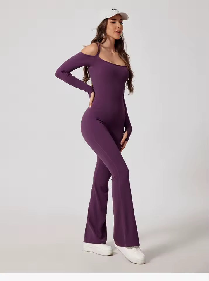 SYLA Solstice Jumpsuit – Off-Shoulder Long Sleeve Flared Leg