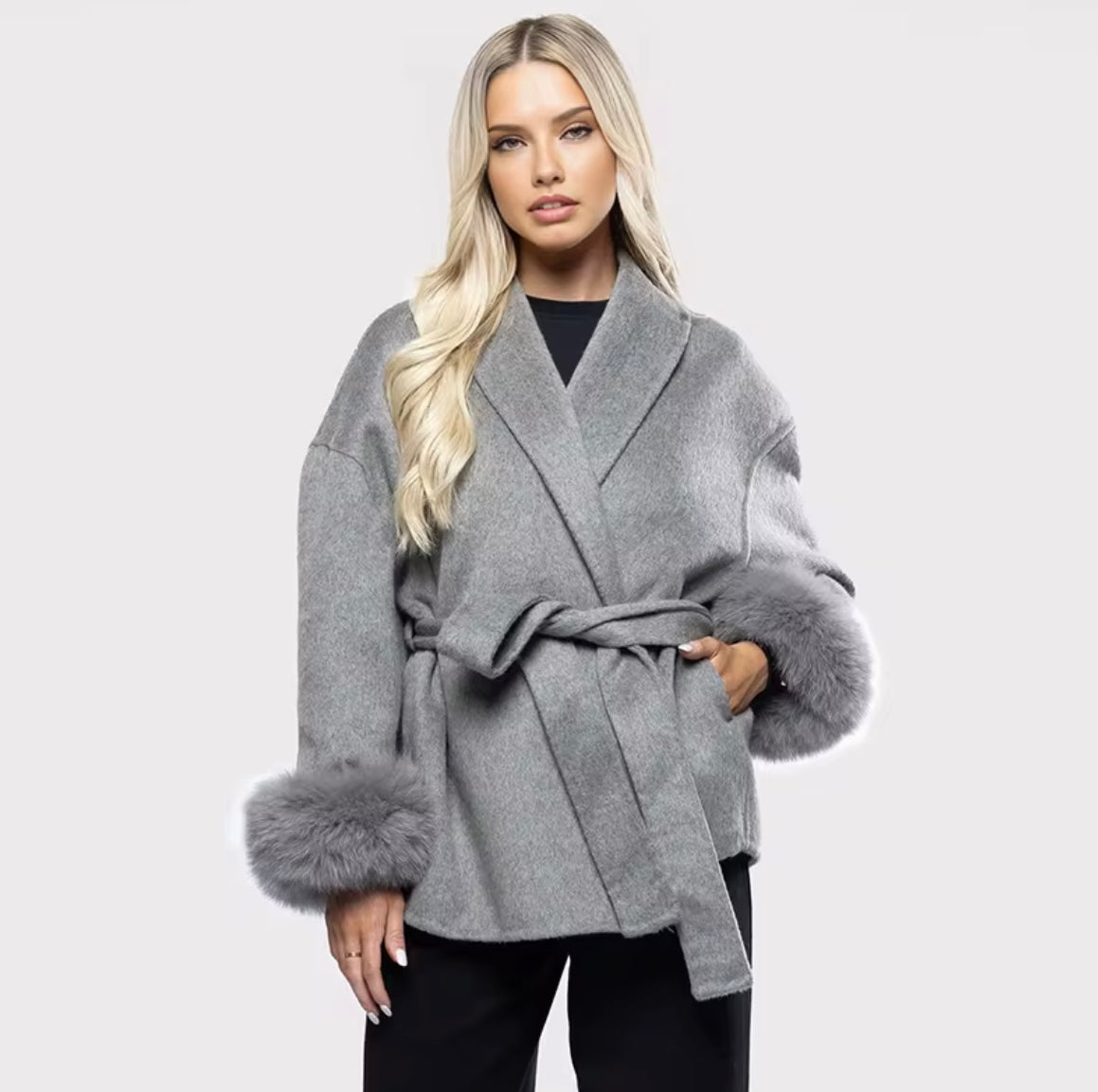 Monaco Luxe Belted Wrap Coat with Faux Fur Detail