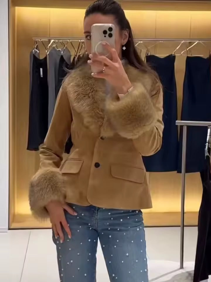 Sienna Luxe Faux Fur Trim Camel Jacket