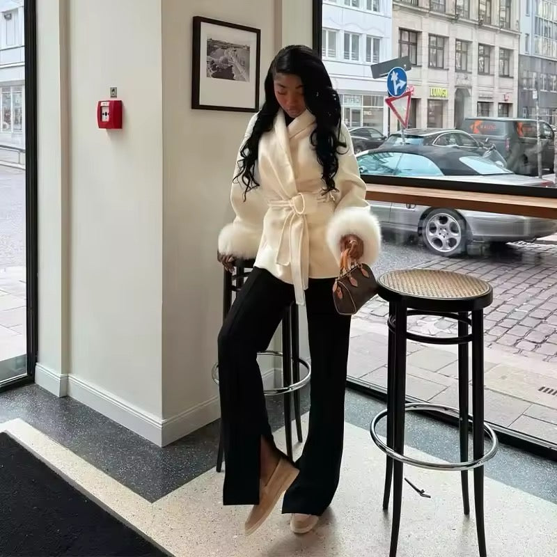 Monaco Luxe Belted Wrap Coat with Faux Fur Detail
