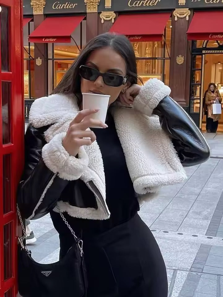 AURA Faux Fur Leather Cropped Coat