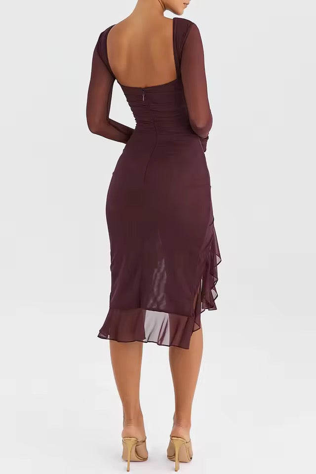 Seraphina Ruched Sheer-Sleeve Midi Dress