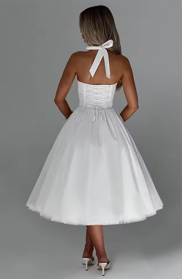 Belle Halter Midi Dress with Layered Tulle Detail