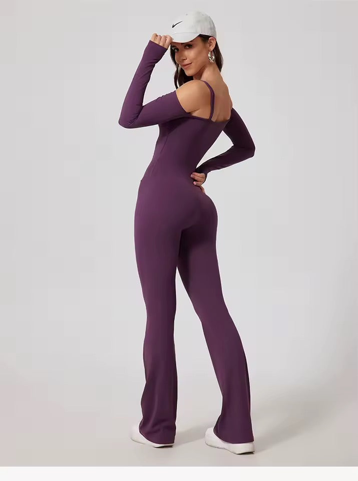SYLA Solstice Jumpsuit – Off-Shoulder Long Sleeve Flared Leg
