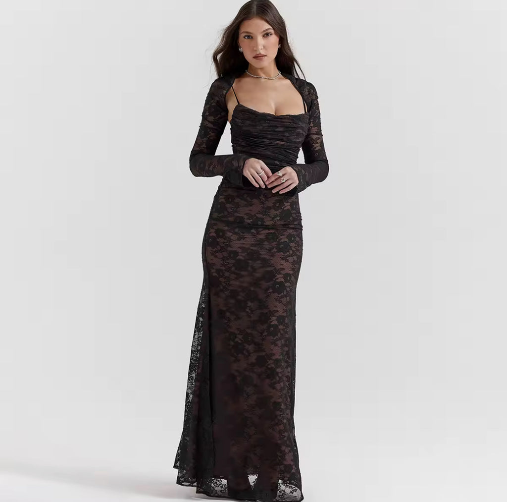 Mireya Lace V-Neck Long-Sleeve Maxi Dress