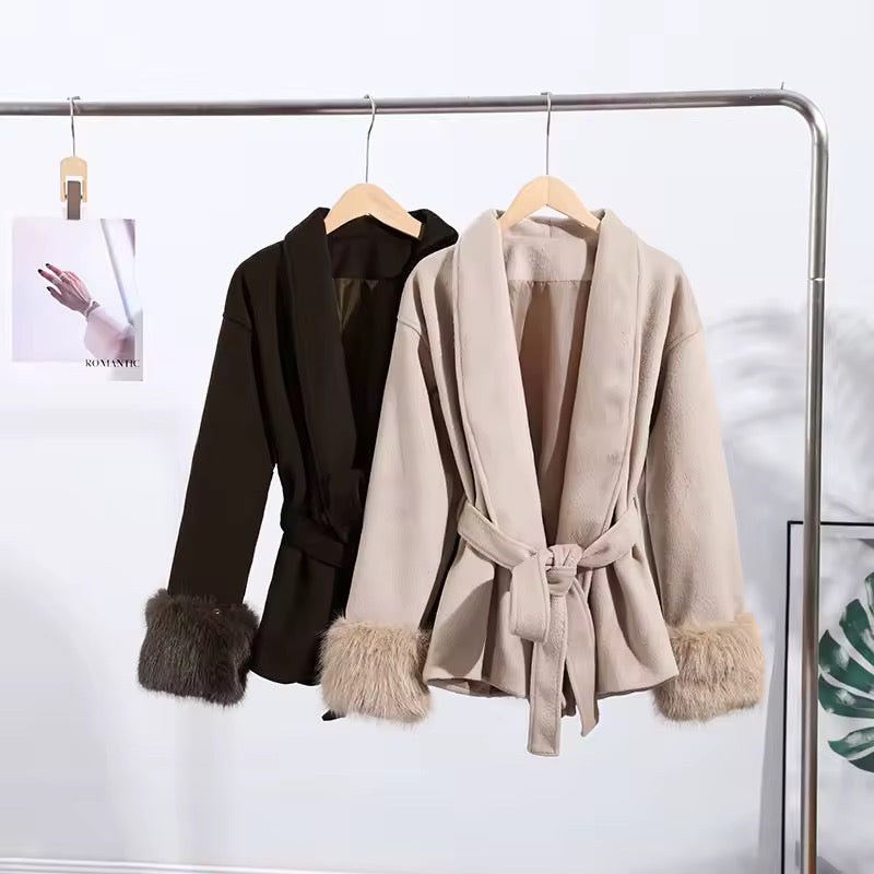 Monaco Luxe Belted Wrap Coat with Faux Fur Detail