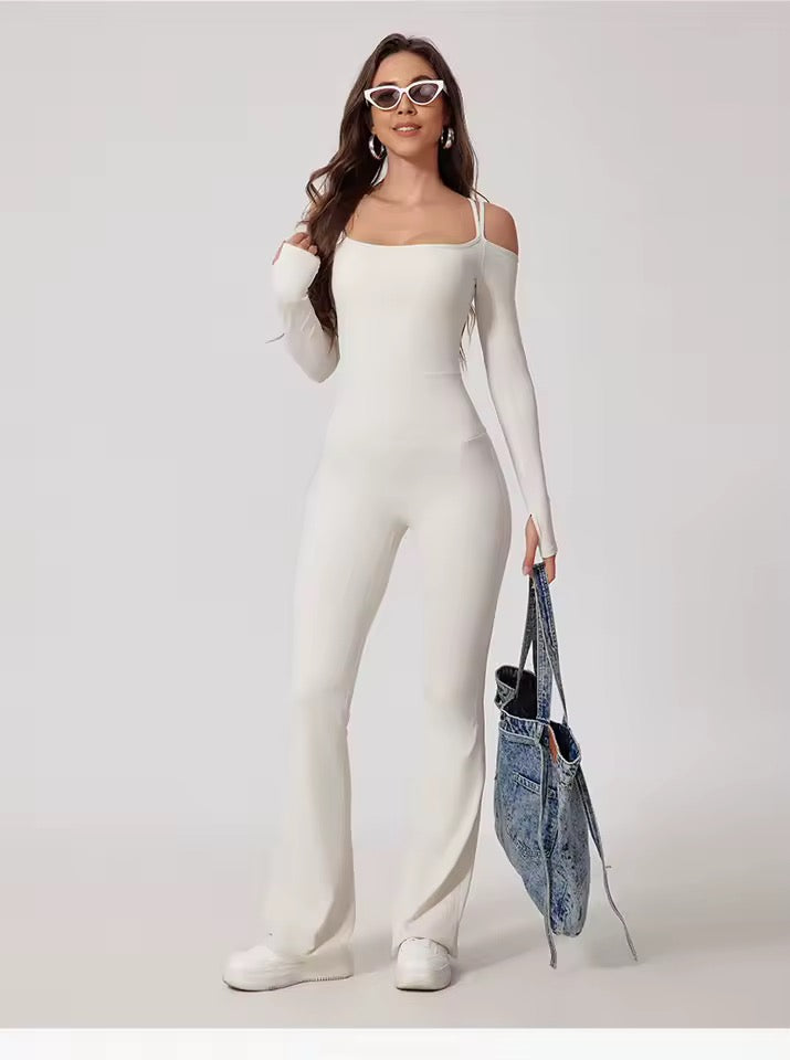 SYLA Solstice Jumpsuit – Off-Shoulder Long Sleeve Flared Leg