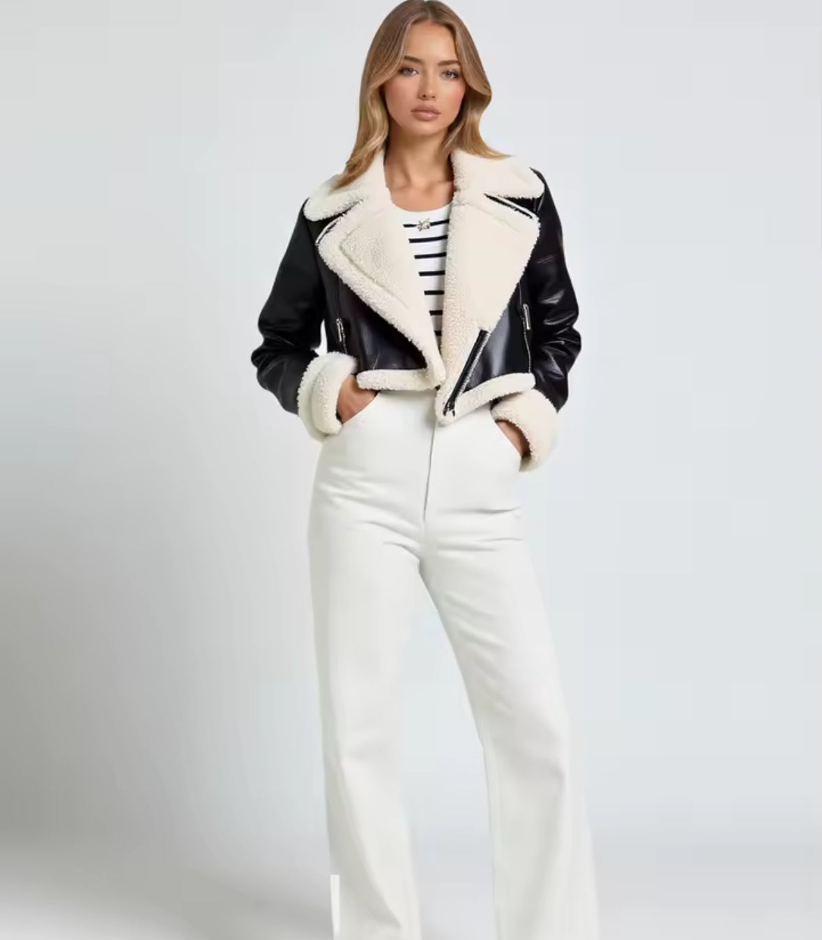 AURA Faux Fur Leather Cropped Coat