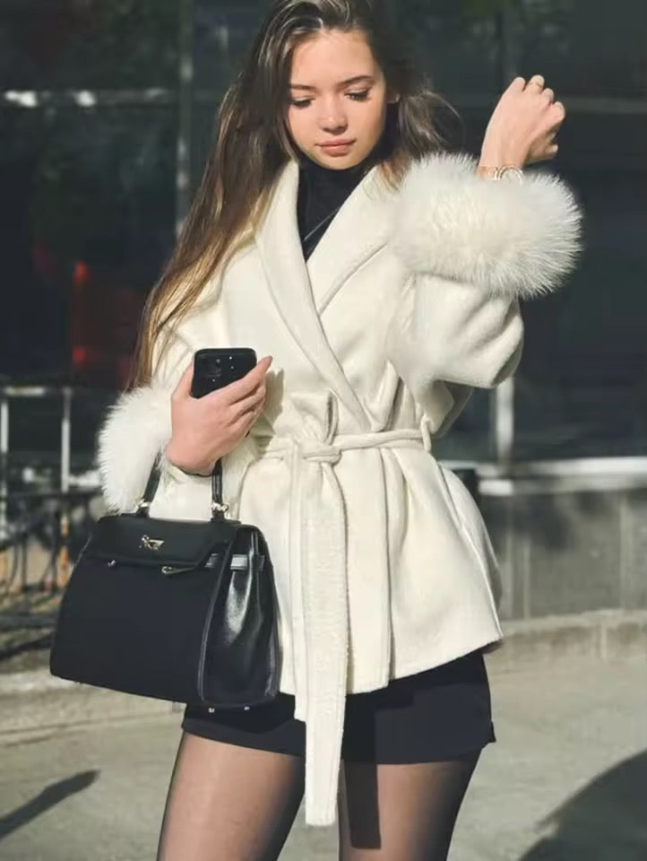 Monaco Luxe Belted Wrap Coat with Faux Fur Detail