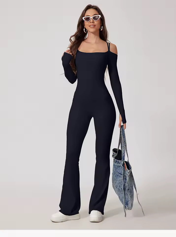 SYLA Solstice Jumpsuit – Off-Shoulder Long Sleeve Flared Leg